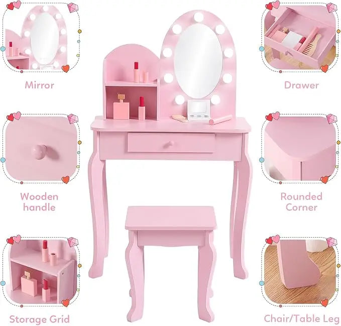 Kids Vanity Set with Lighted Mirror and Stool, Wooden Makeup Table