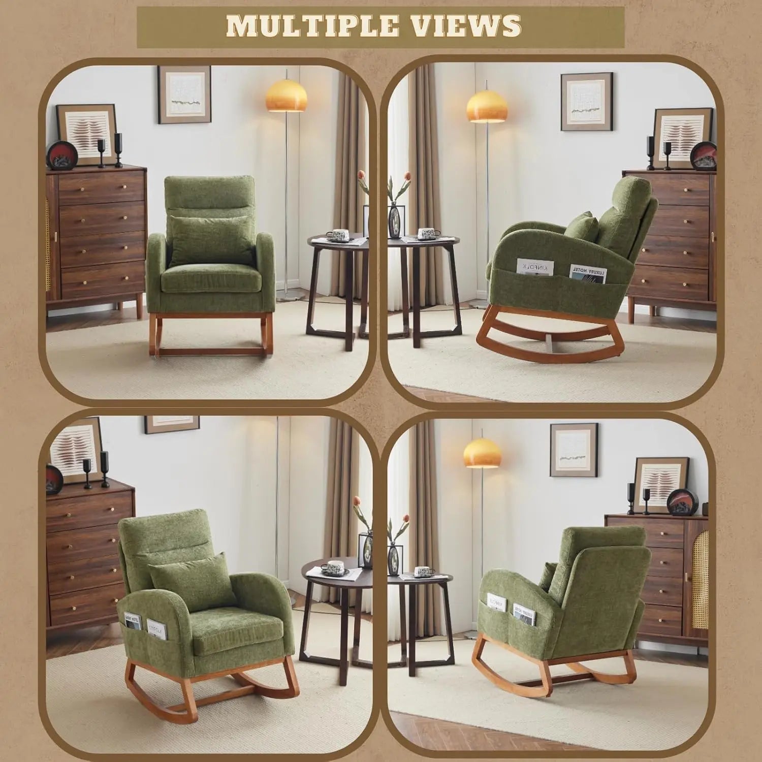 Olive Chenille Rocking Chair Nursery with Thick Headrest, Upholstered Mid-Century Modern Nursing Rocker