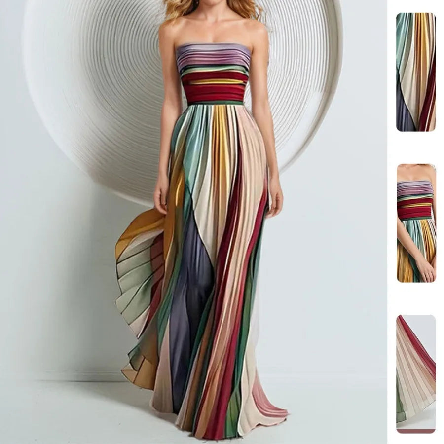 Europe and America - dress fashionable and elegant waist pleated printed long dress