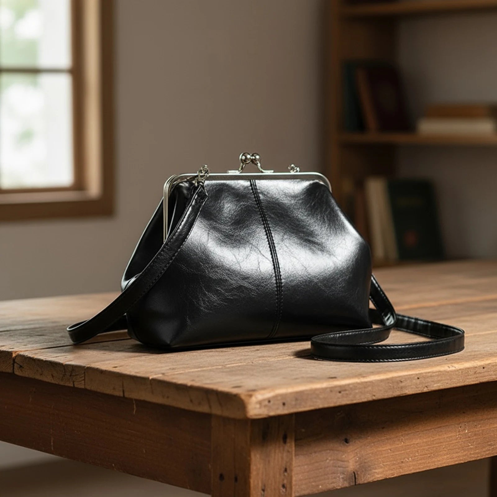 Leather Solid Color Shoulder Bag with Adjustable Strap Elegant Kiss Lock Shoulder Bag