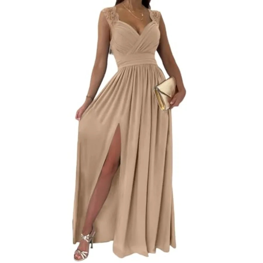 Formal Dresses Wrap V-Neck Ruched Sexy Bridesmaid Wedding Guest Maxi Dresses