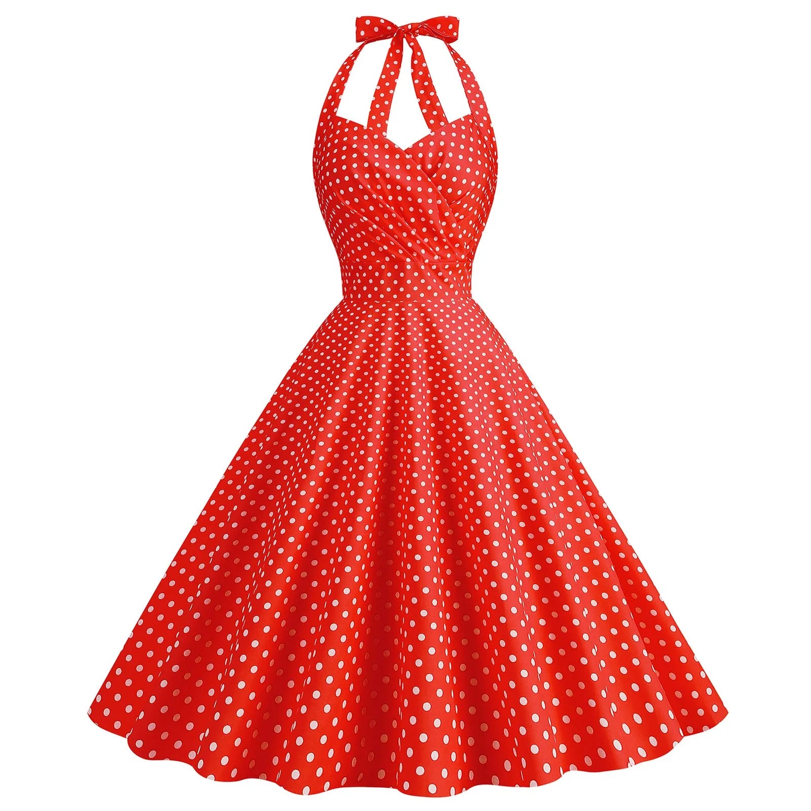 Vintage Polka Dot Dress for Women Lady Halter Neck Party 50s 60s Rockabilly Pin Up Dress Tunic Swing Cocktail Dress
