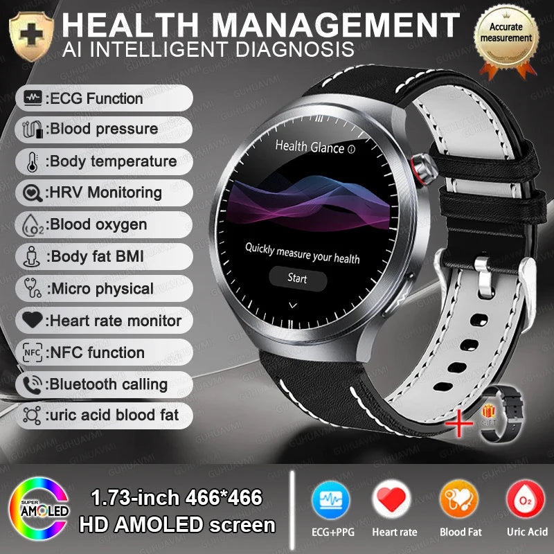 New For Health ECG+PPG Smart Watch Lipids Uric acid Blood Pressure Health 100+Sport HD Bluetooth