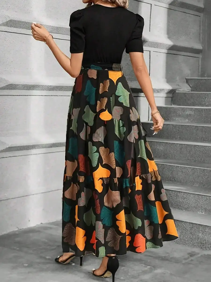Elegant A-Line Dress with Puff Sleeves, Bow Waist, Leaf Print, Round Neck, Lightweight for Spring Summer