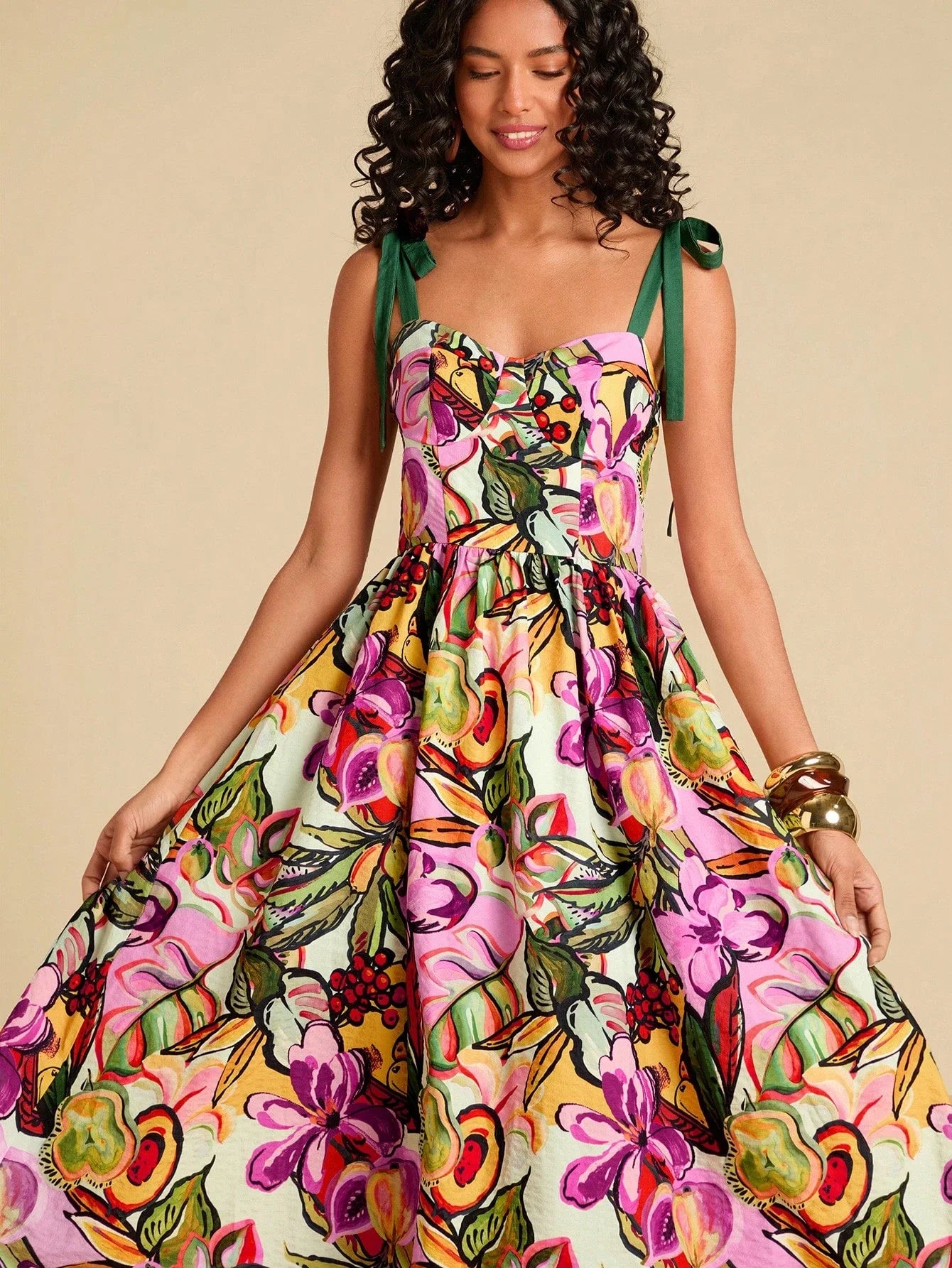 Floral Print Spaghetti Strap Midi Dress For Women Bohemian Beach Style