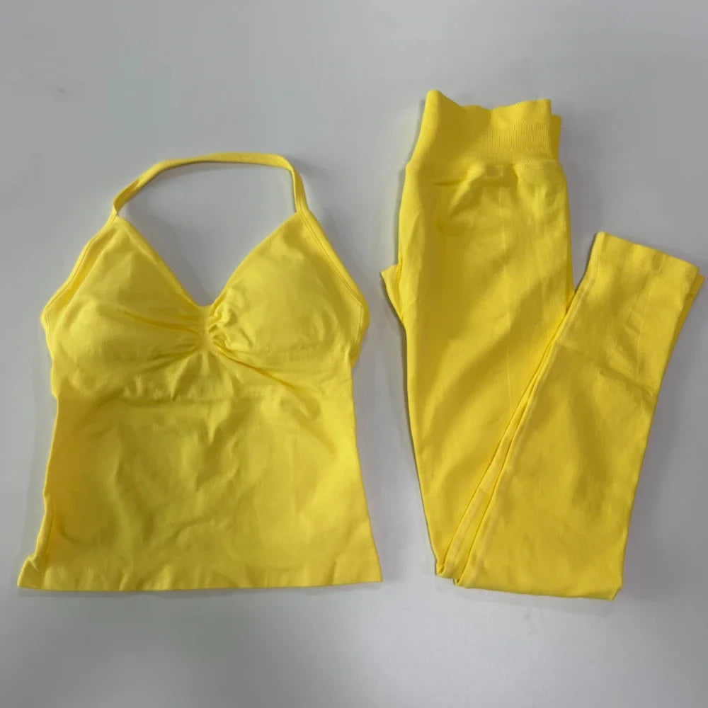 No Logo Seamless Gym Set Women Tank Tops High Waist Yoga Leggings Fitness Clothes Workout Sets Gym Suit Activewear