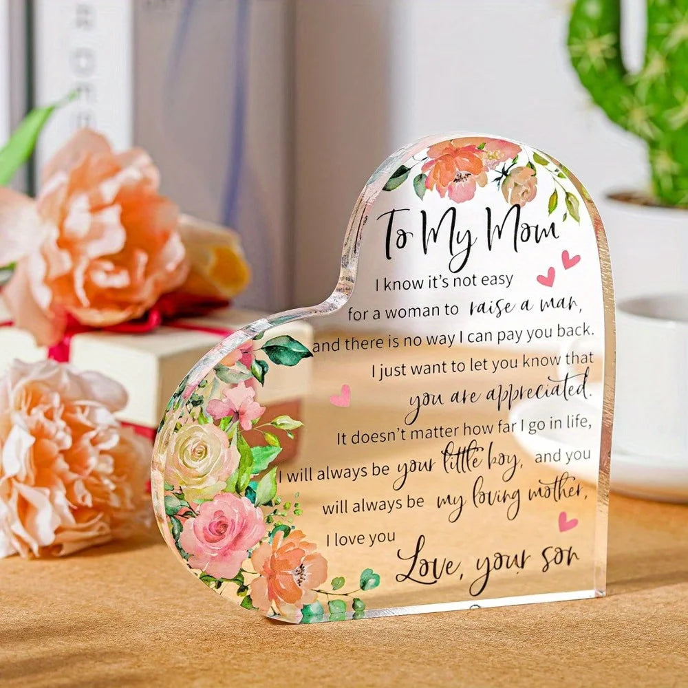 Mom Acrylic Heart Plaque: Birthday/Mother's Day/Christmas/Valentine's Gift from Son/Daughter. Thoughtful, Shows Gratitude