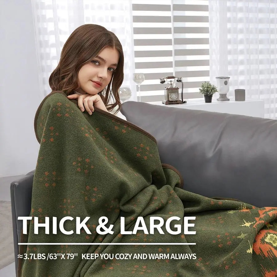 Merino Wool Blanket Warm Thick Washable Large Bed Couch Outdoor Camping Sleeping Throw, Myers Green 79x63