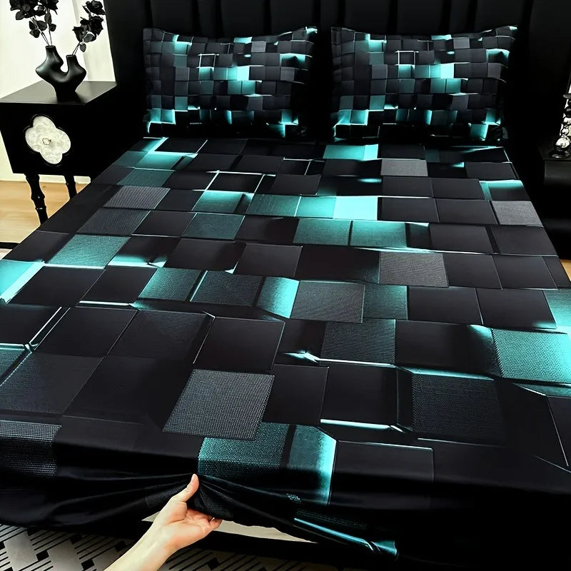 3pcs Cool Technology Digital Printing Material Plaid Fitted Sheet deep pockets