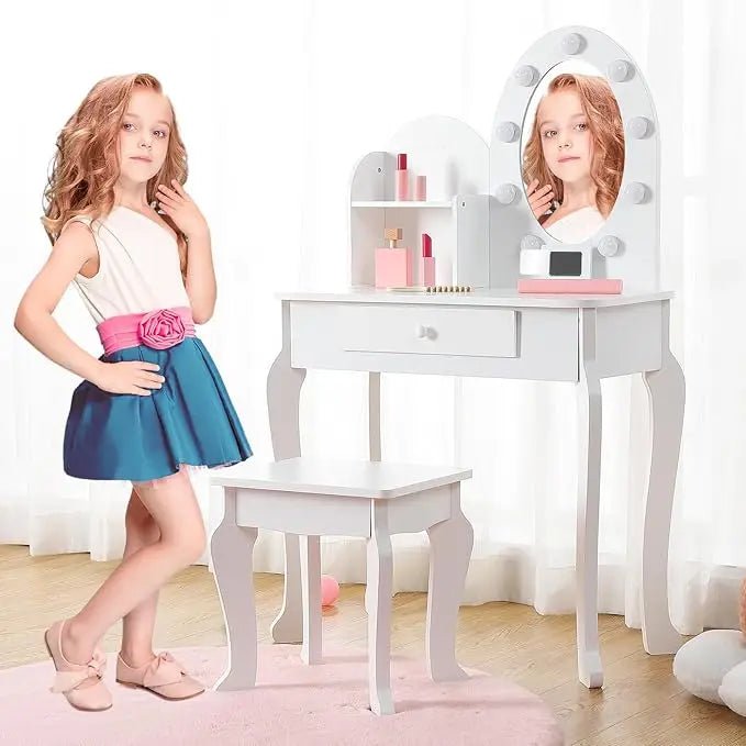 Kids Vanity Set with Lighted Mirror and Stool, Wooden Makeup Table