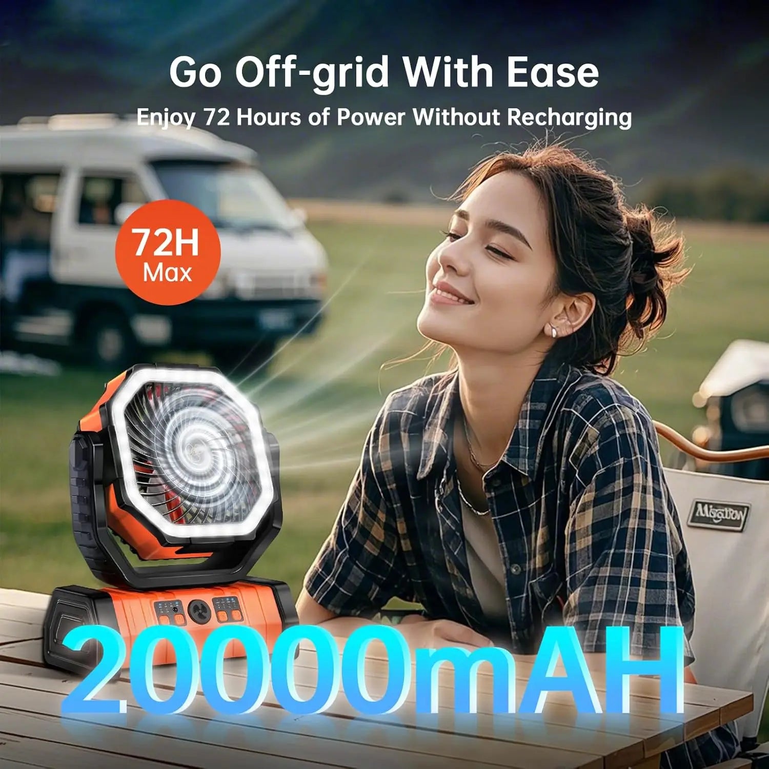 20000mAh Rechargeable Fan: 360° Head, 4 Speeds, LED, Quiet for Outdoor/Home.