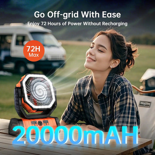 20000mAh Rechargeable Fan: 360° Head, 4 Speeds, LED, Quiet for Outdoor/Home.