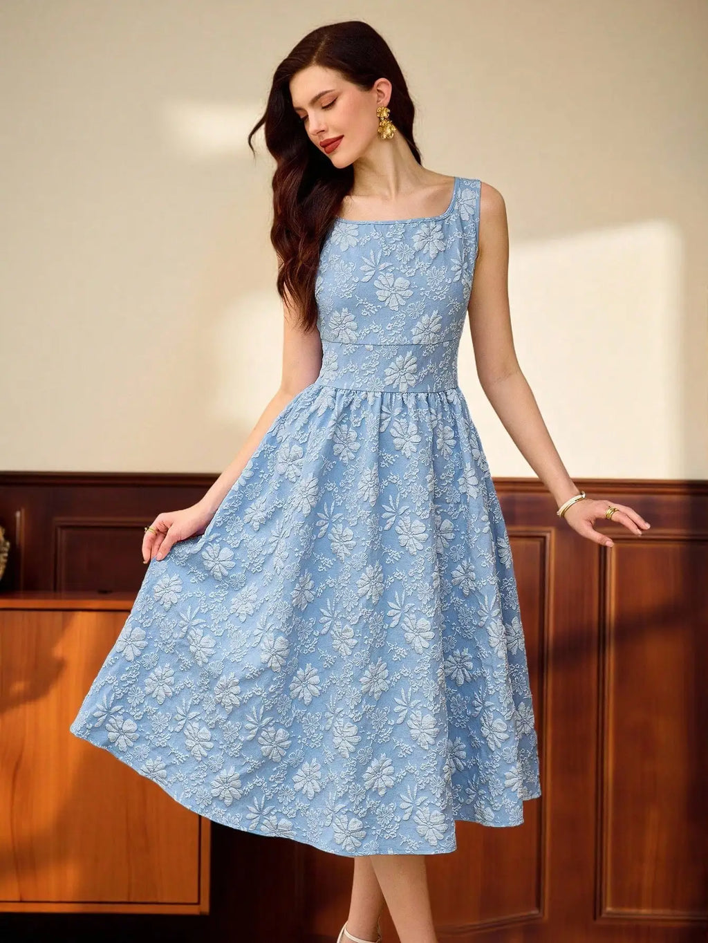 Light Blue Floral Textured Sleeveless Square Neck A-Line Midi Dress With Pockets