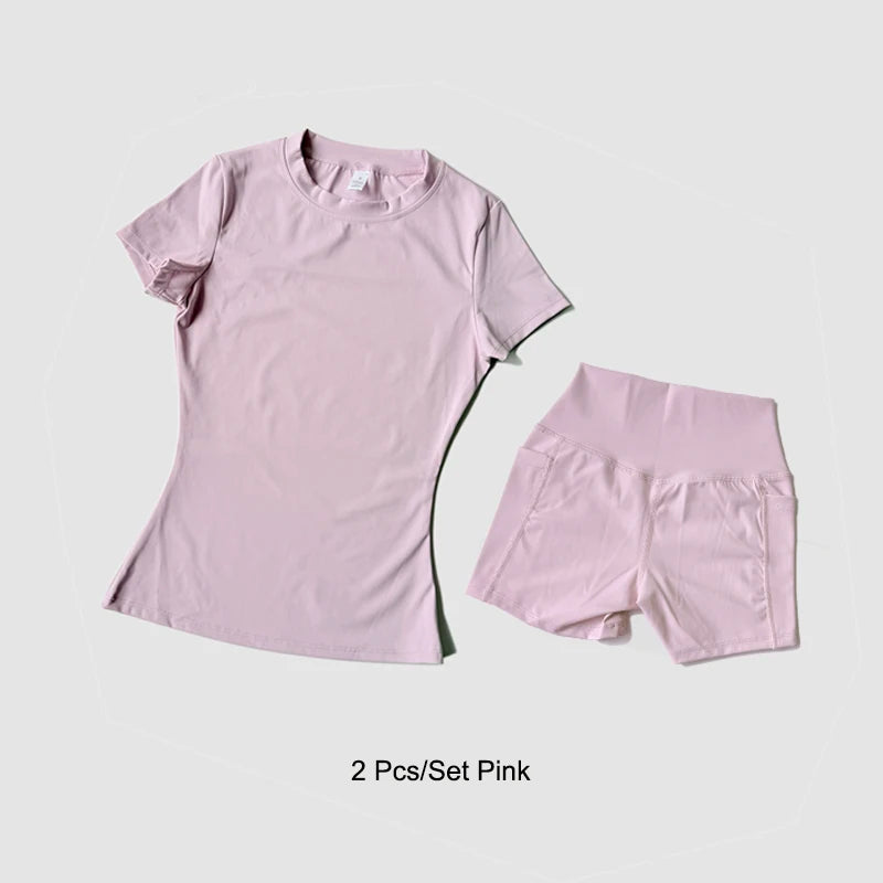 Women's Sports Yoga Set Seamless Knitted Fitness Gym Clothes Sportswear Short Sleeve Crop Top