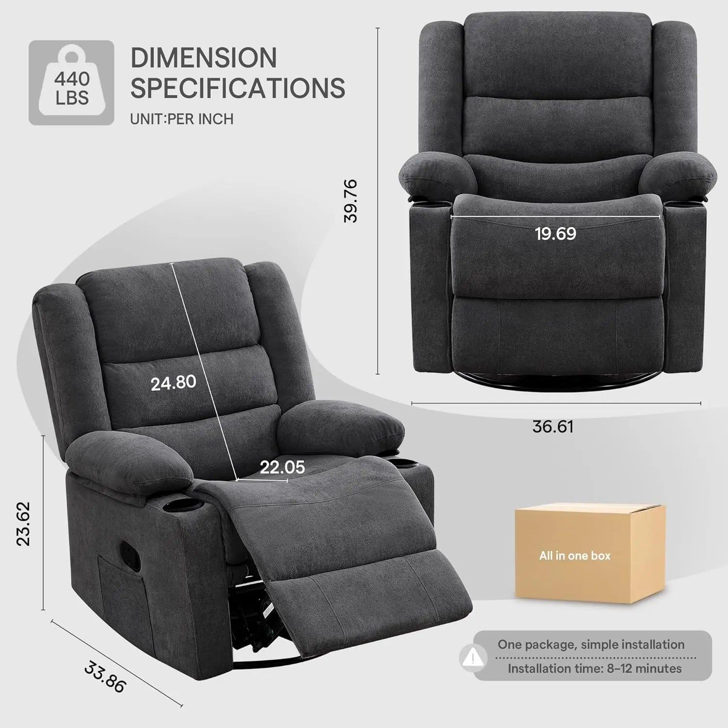 360°Swivel Rocking Recliner Chair with Side Pockets & Cup Holders for Living Room & Bedroom, Custom