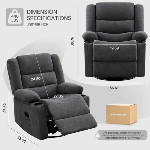360°Swivel Rocking Recliner Chair with Side Pockets & Cup Holders for Living Room & Bedroom, Custom