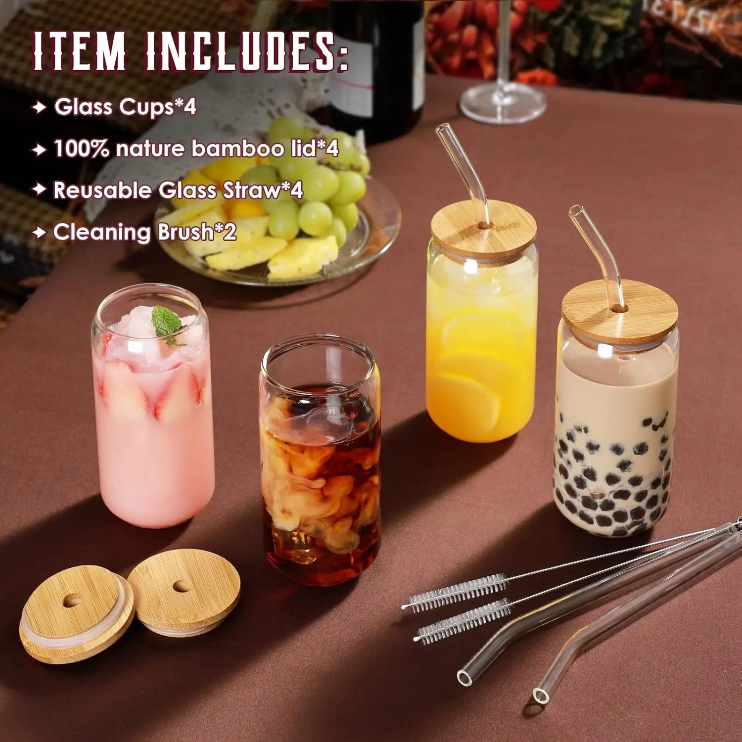 Drinking Glasses with Bamboo Lids and Glass Straws