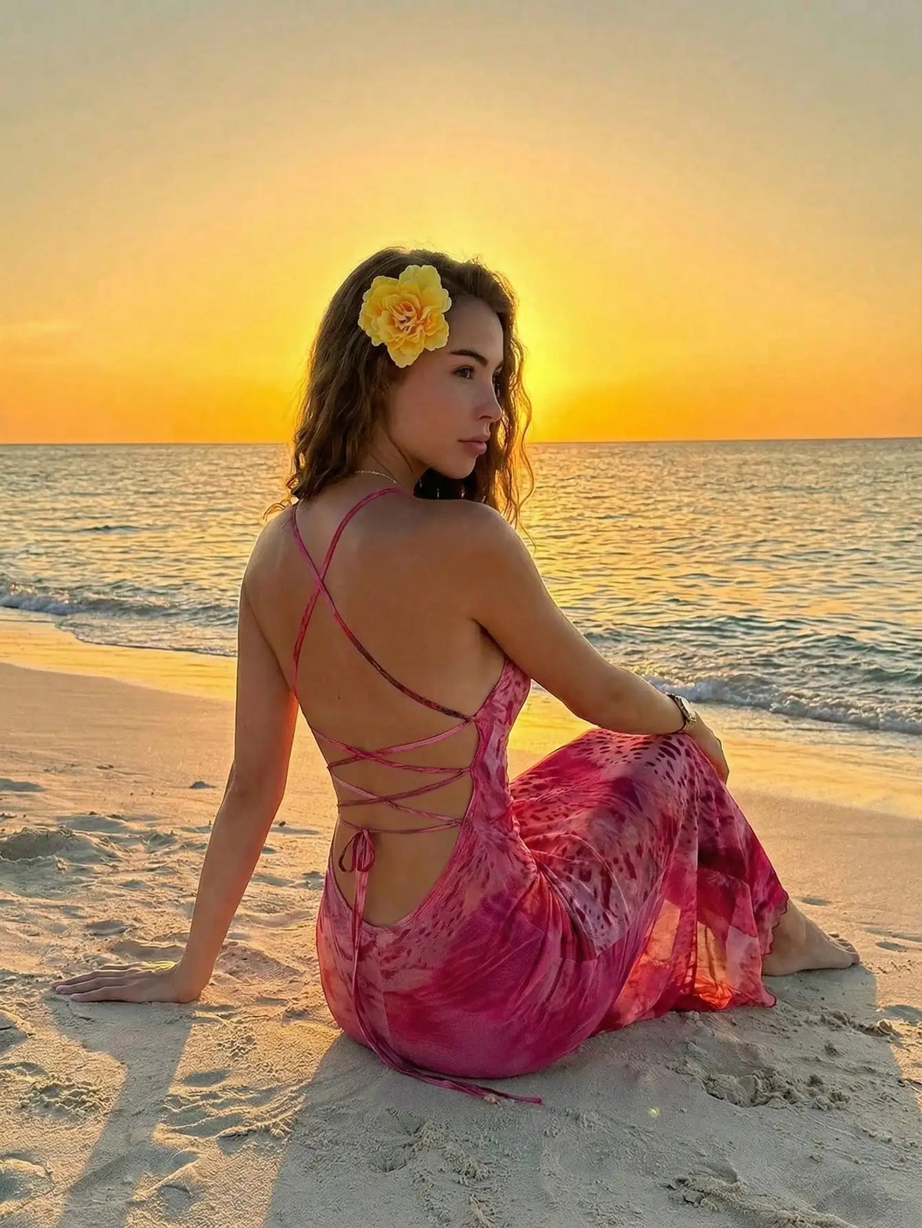 Womens Backless Strappy Maxi Dress With Floral Ombre Tie-Dye Print For Summer Beach Festival