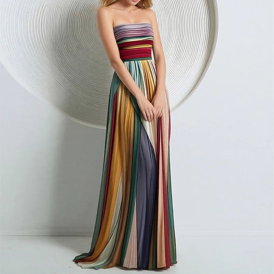Europe and America - dress fashionable and elegant waist pleated printed long dress