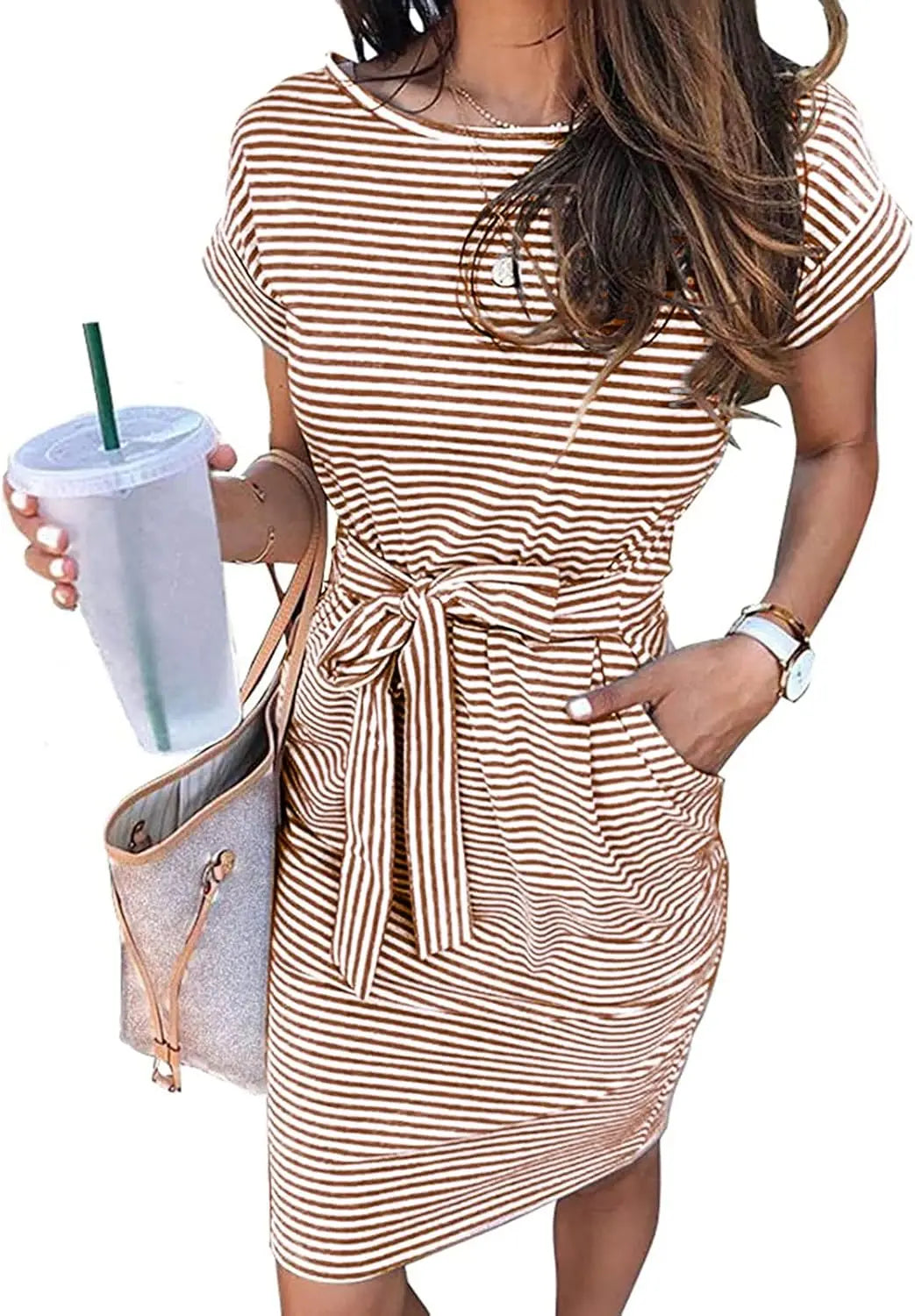 Casual T Shirt DrShort Sleeve Striped Tie Waist Work Vacation Trendy Short Dresses