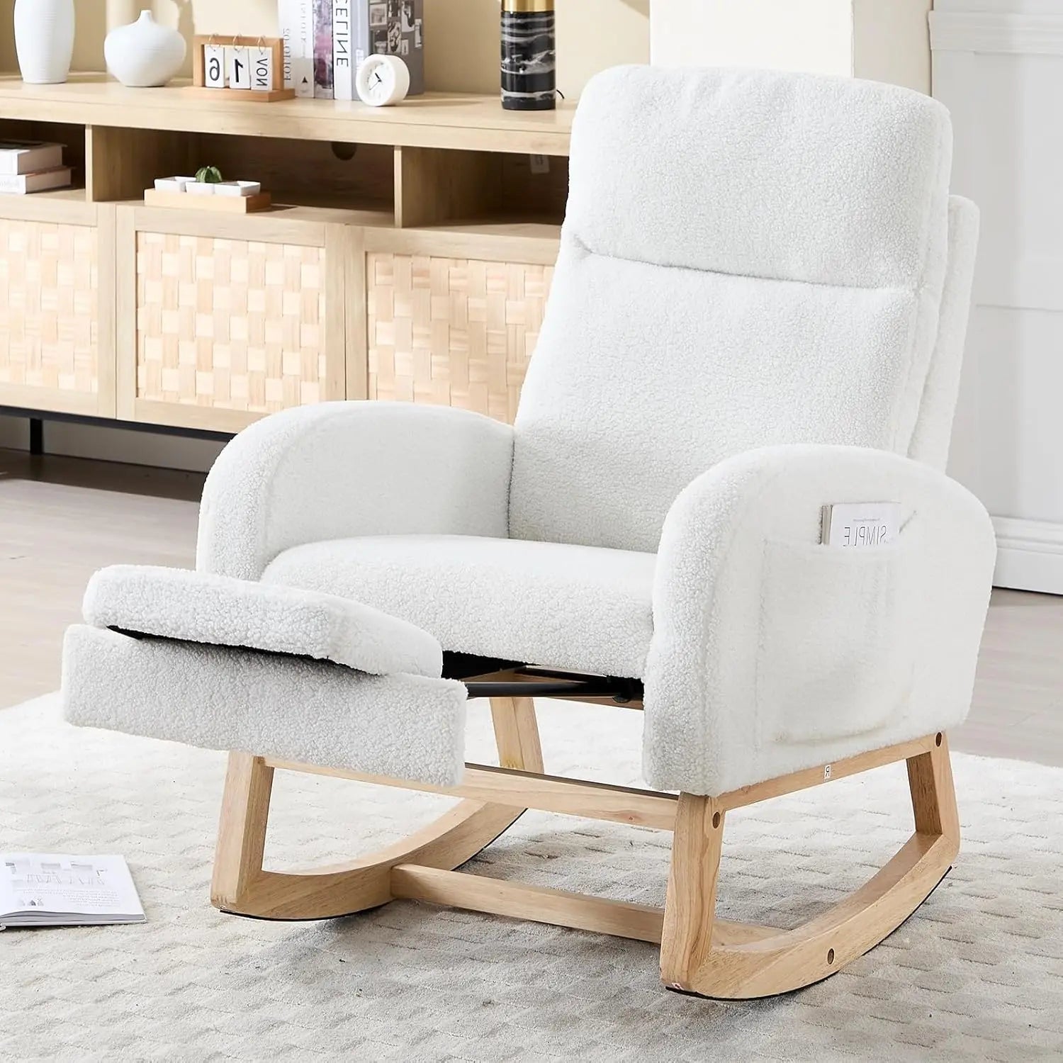 Modern Nursery Rocking Chair, Teddy Upholstered Rocking Chair with Footrest, Comfortable Rocker Recliner