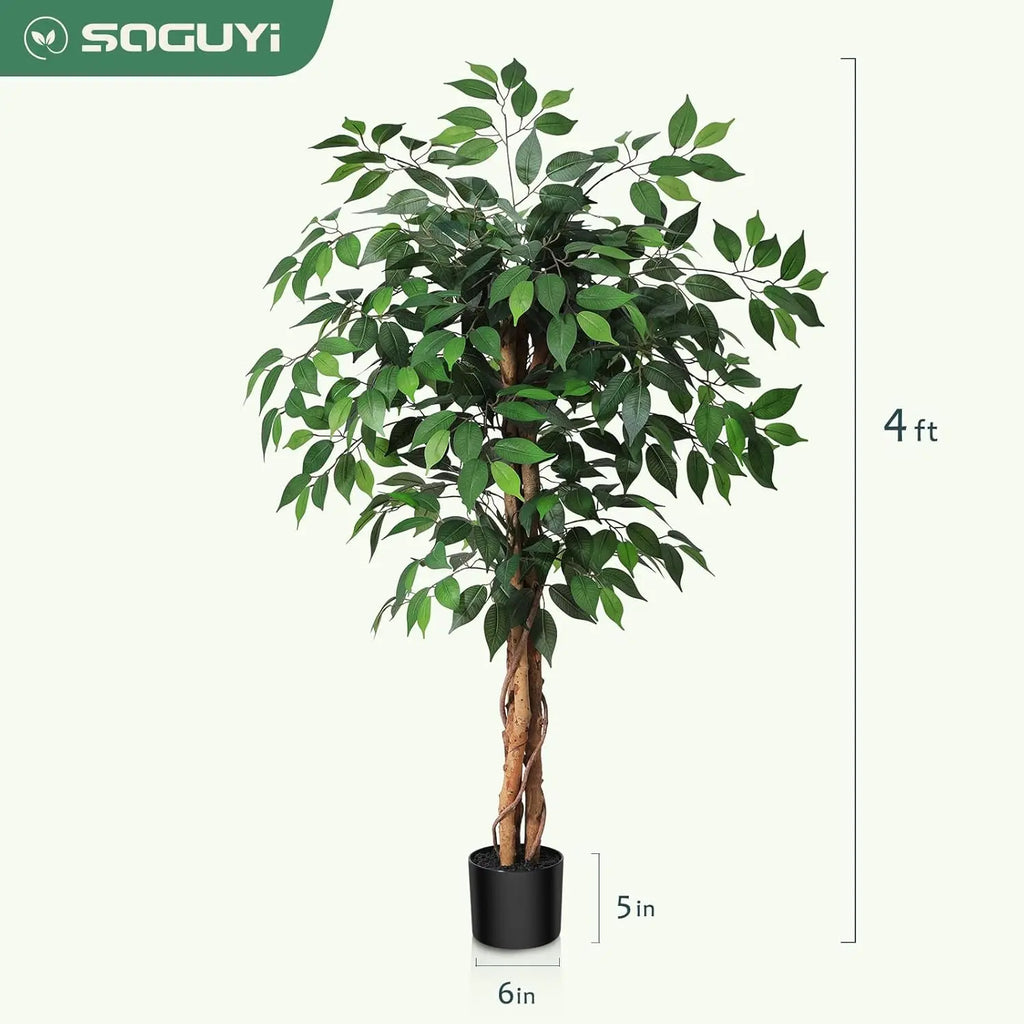 4ft Artificial Ficus Tree with Natural Wood Trunk in Plastic Pot