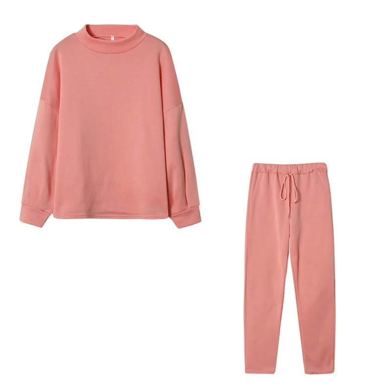 2Pcs Set Women Tracksuit Long Sleeve Pullover Warm Top Hoodie+Jogger Pants Solid Outfit Sport Suit Sets