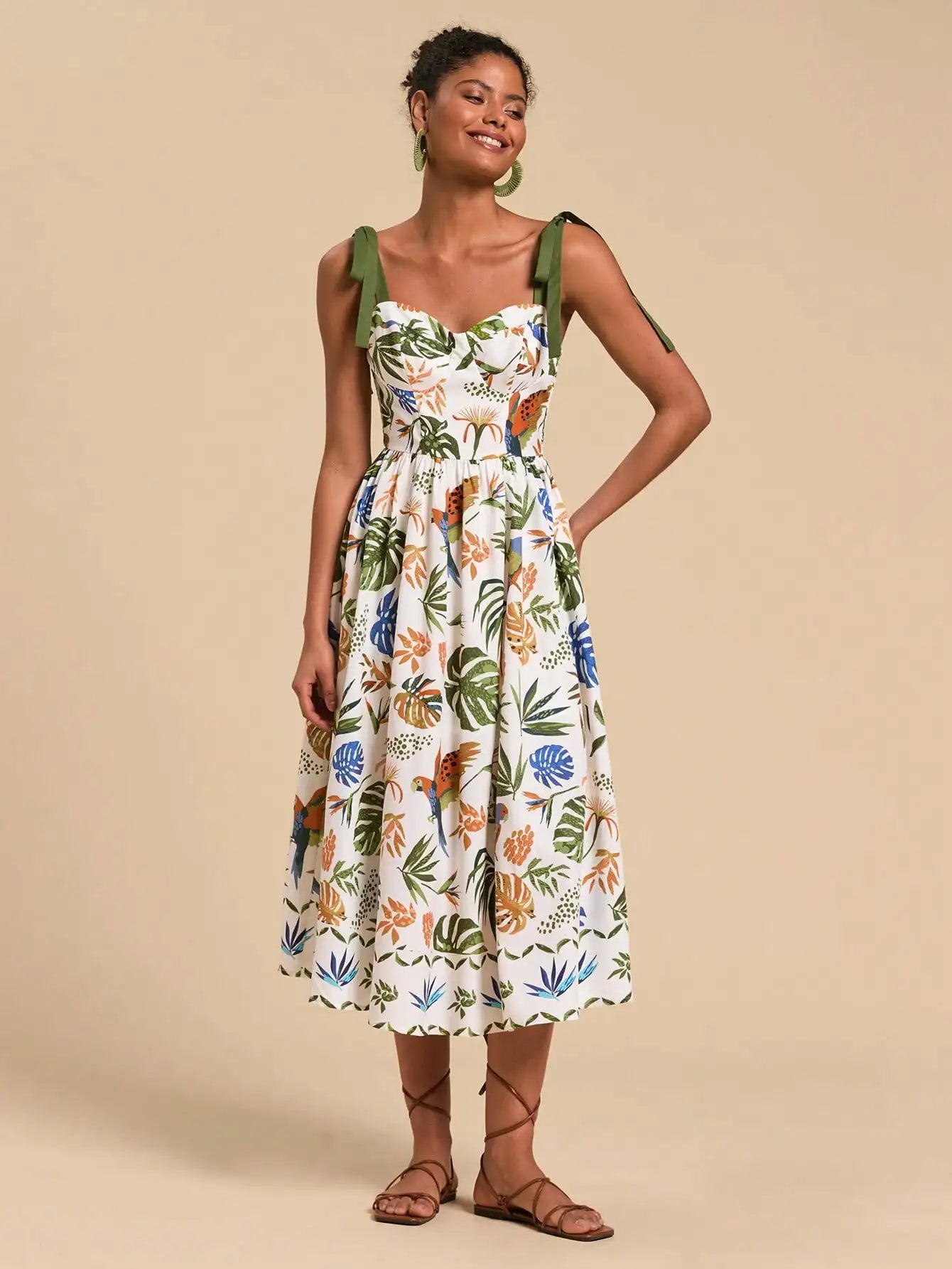 Floral Print Spaghetti Strap Midi Dress For Women Bohemian Beach Style