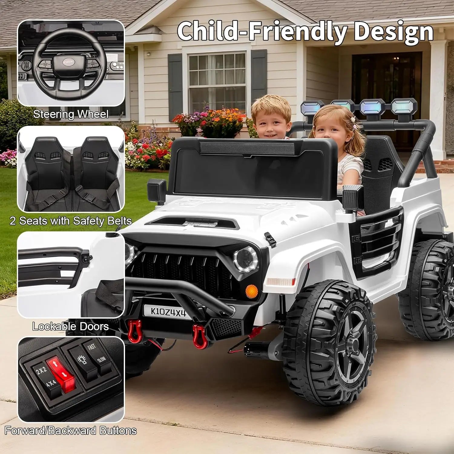 2 Seater , 24V Electric Toys w/Remote Control,4 Powerful Motors, 4WD/2WD, 3 Speeds, Led Lights, Bluetooth,