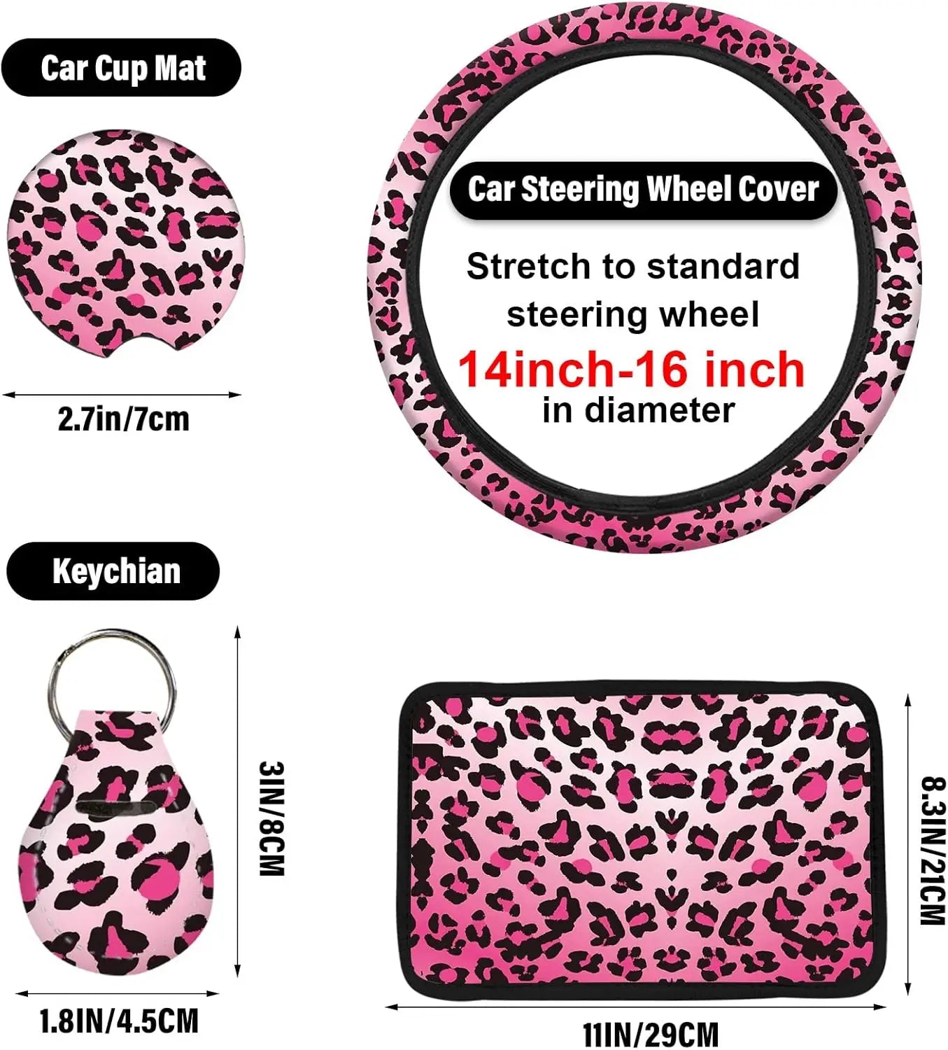 15 PCS Pink Leopard Print Car Seat Cover Set with Steering Wheel, Console, and Accessories for SUV