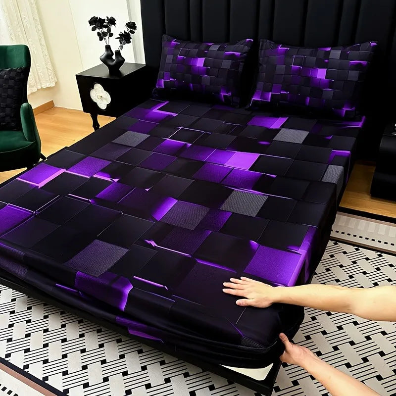 3pcs Cool Technology Digital Printing Material Plaid Fitted Sheet deep pockets