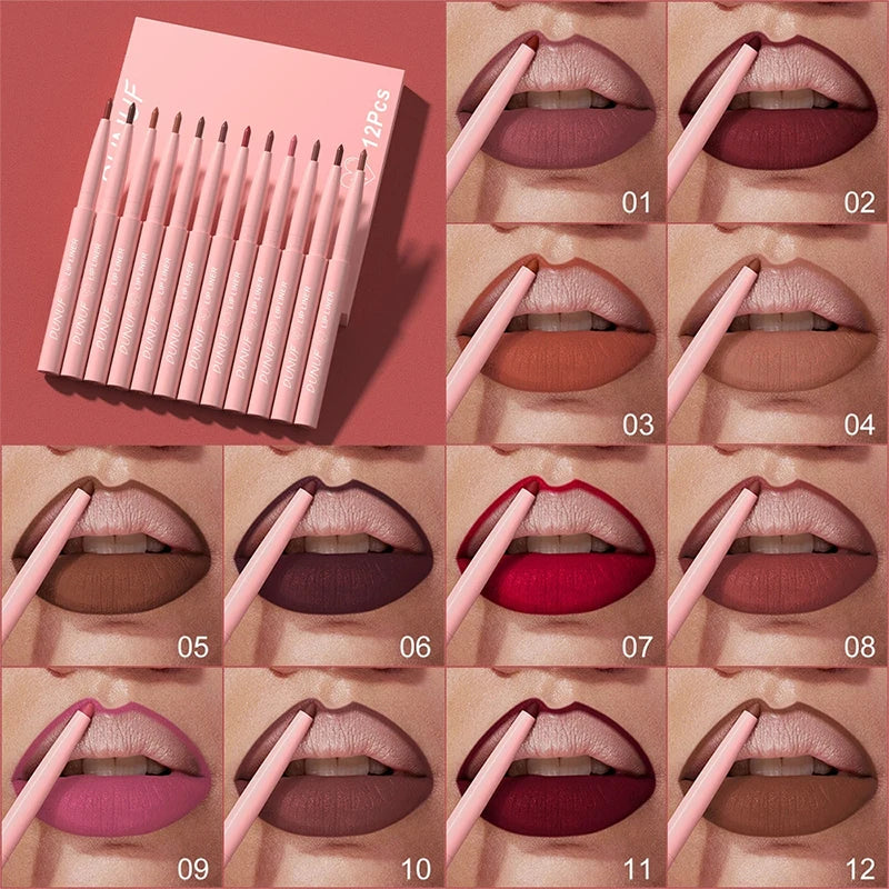 Matte Lip Liner Pencil Set 12 Colors Lip Contour Lipstick Waterproof Non-transfer Highly Pigmented Nude