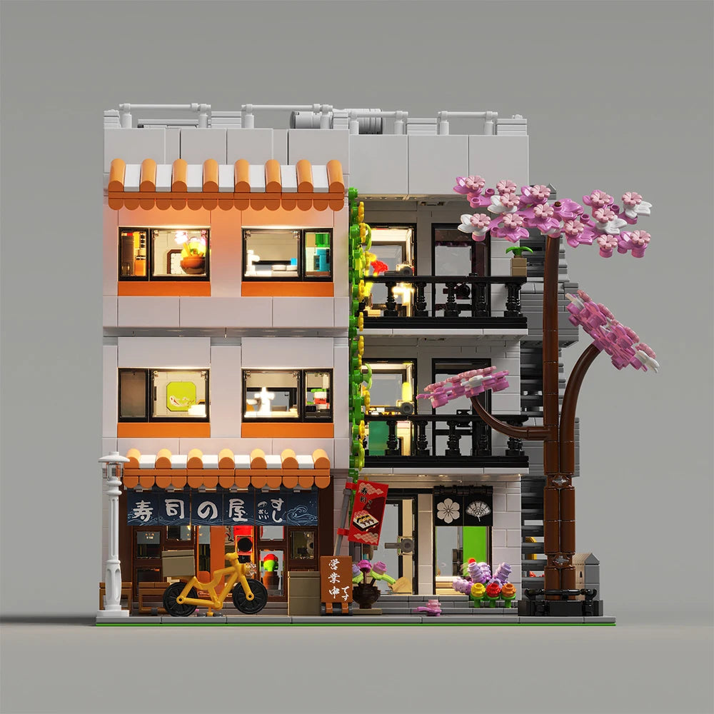 3911PCS Japanese Apartment Modular Building Blocks,with 5 Figures,Street View Model Bricks LED Light