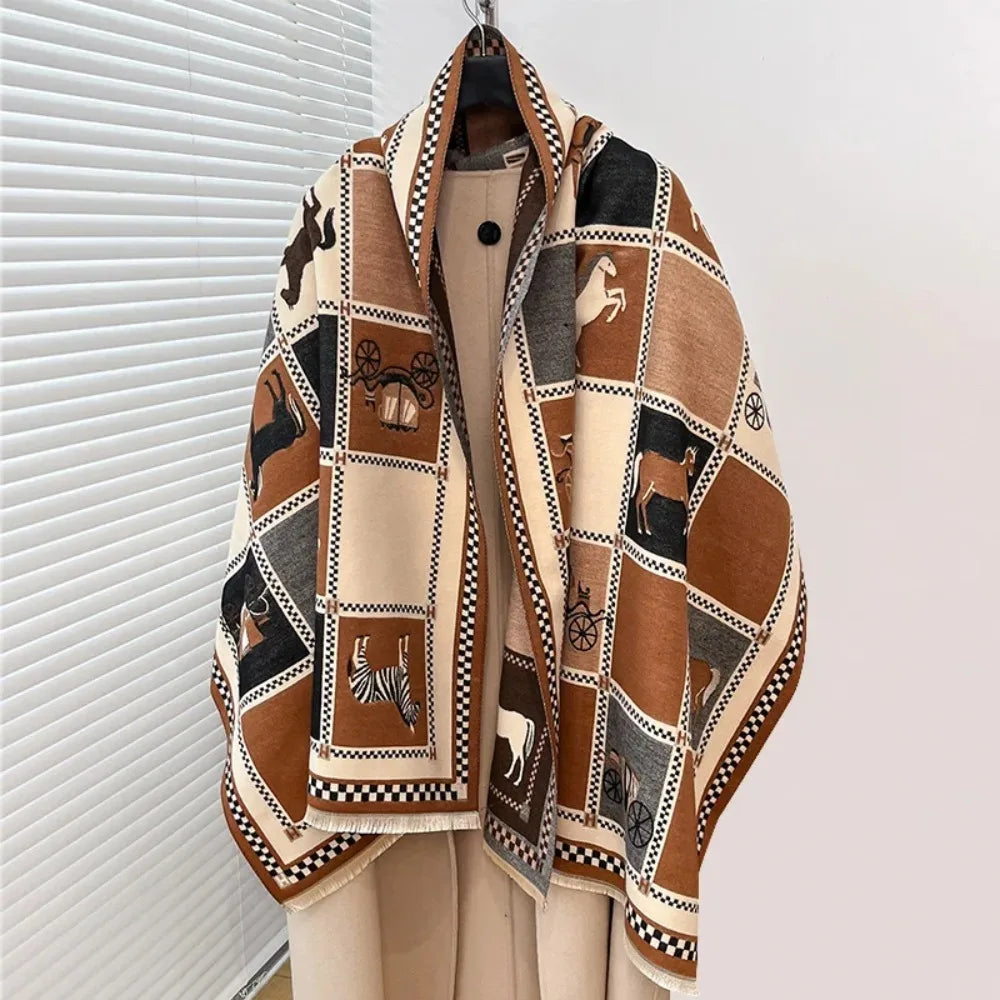 Poncho Cashmere Winter Women Scarf Horse Print Shawl Wrap