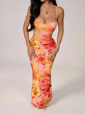 Pink Floral Bodycon Maxi Dress With Plunging neckline And Backless Design For Vacation Party Wear