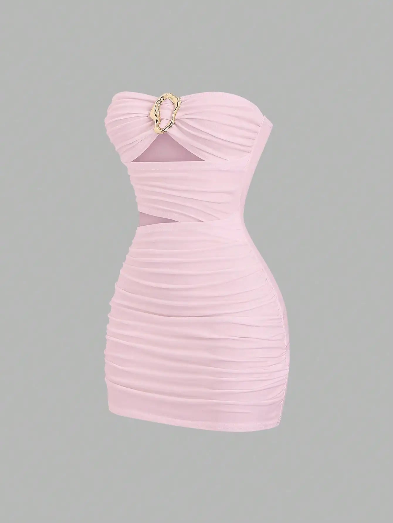 Ruched Strapless Mini Dress With Cutout Waist And Ornamental Metal Ring