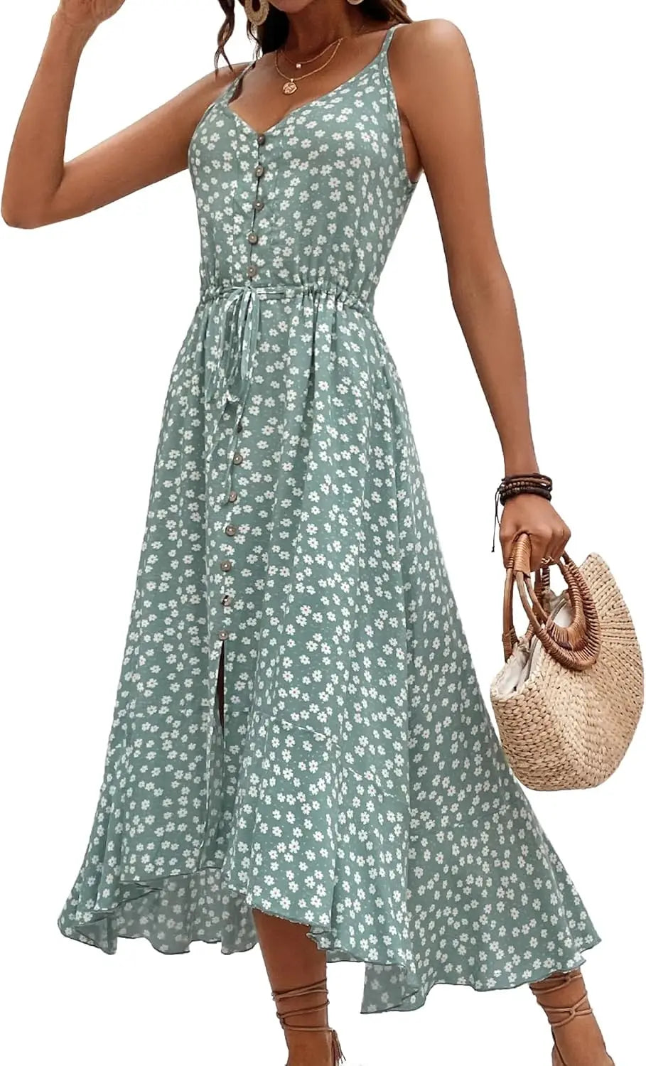 Boho SundrPolka Dot Spaghetti Strap V Neck Flowy Midi Dresses