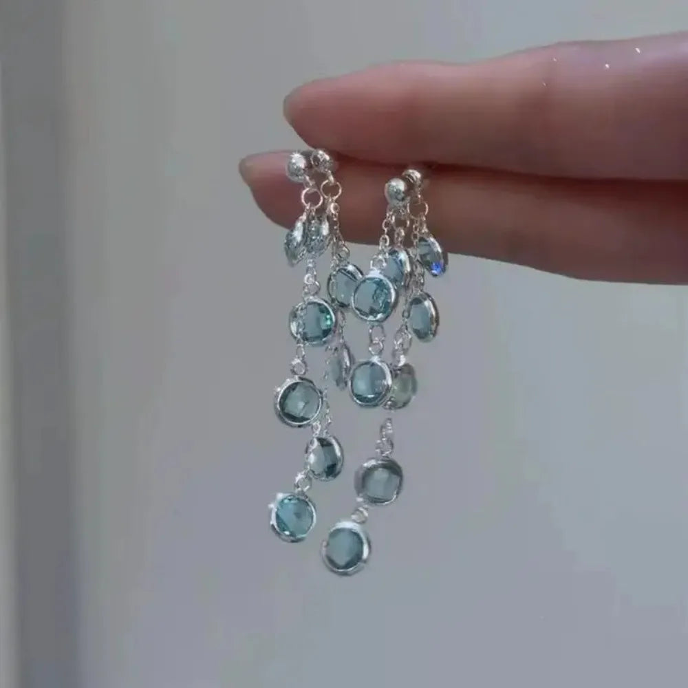 Luxury Elegant Blue Tassel Dangle Earrings Fashion Sweet Crystal Water Drop Jewelry  Gifts
