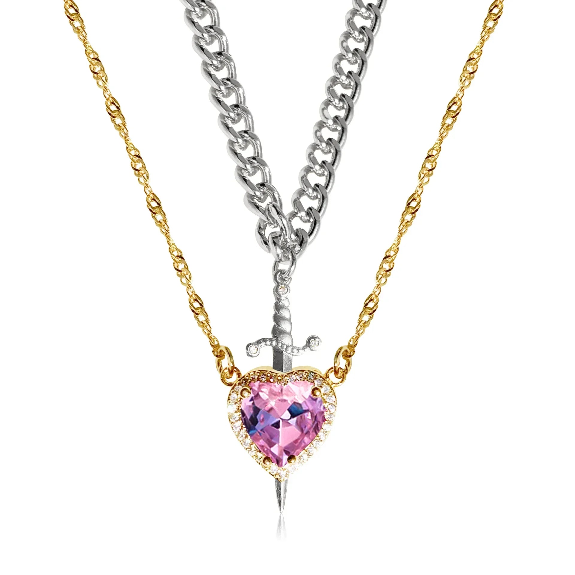 Heart and Sword Zircon Pendant Necklace for Women Men Couple Silver Gold Plated Choker Chain Jewelry