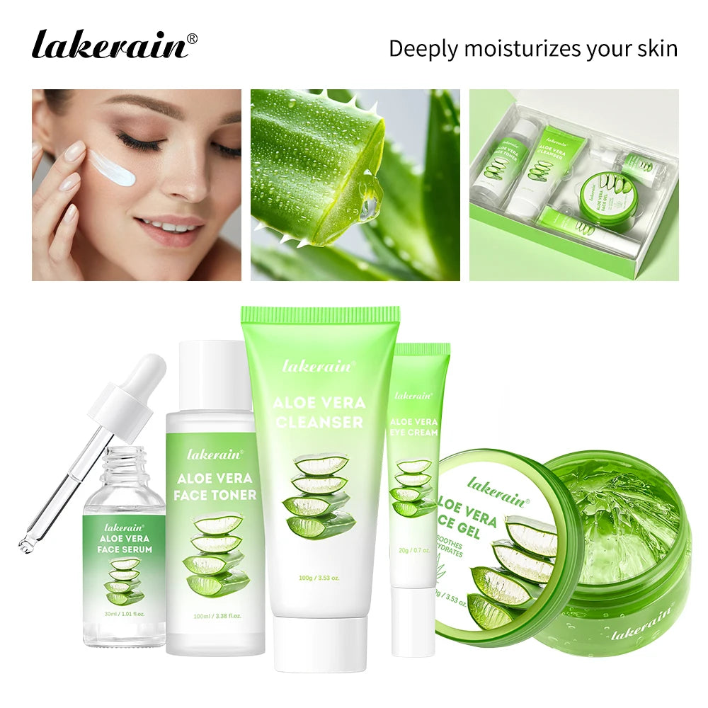 Aloe Vera Skin Care Set Deep Hydration Smooth Delicate Skin Fast-absorbing Formula Cleanser Toner Serum Lip Blam Kit
