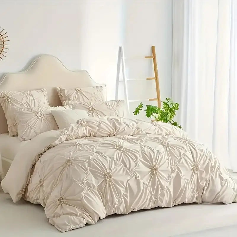 3pcs Bohemian Rhomboid Plaid Stereoscopic Flower Plain Colour Quilt Cover Set(1 Duvet Cover +2 Pillowcase