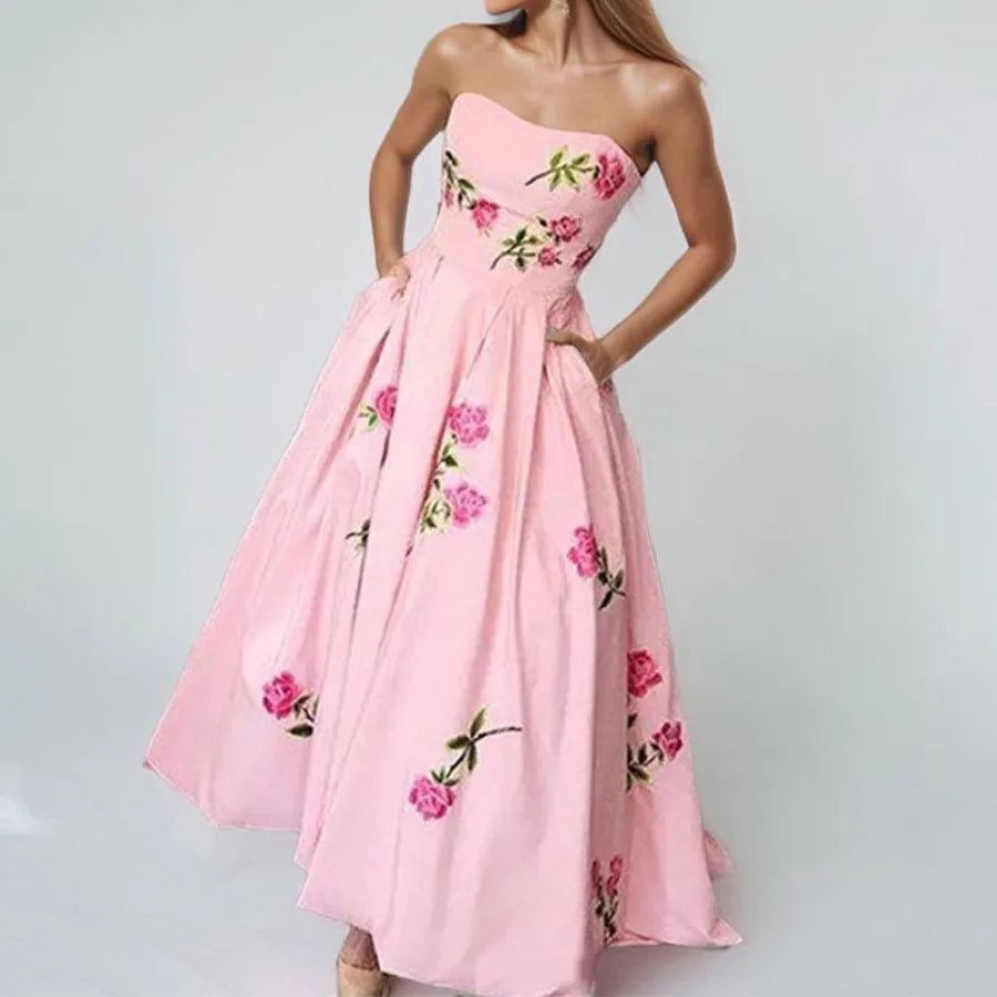 Sleeveless printed dress elegant high-waisted tube top dress long dress