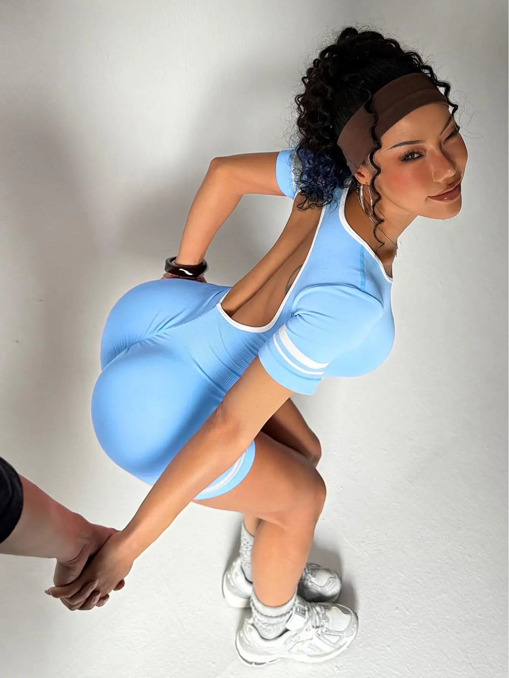 Women Seamless Fashion Backless Contrast Color Short Sleeve Shorts Jumpsuit