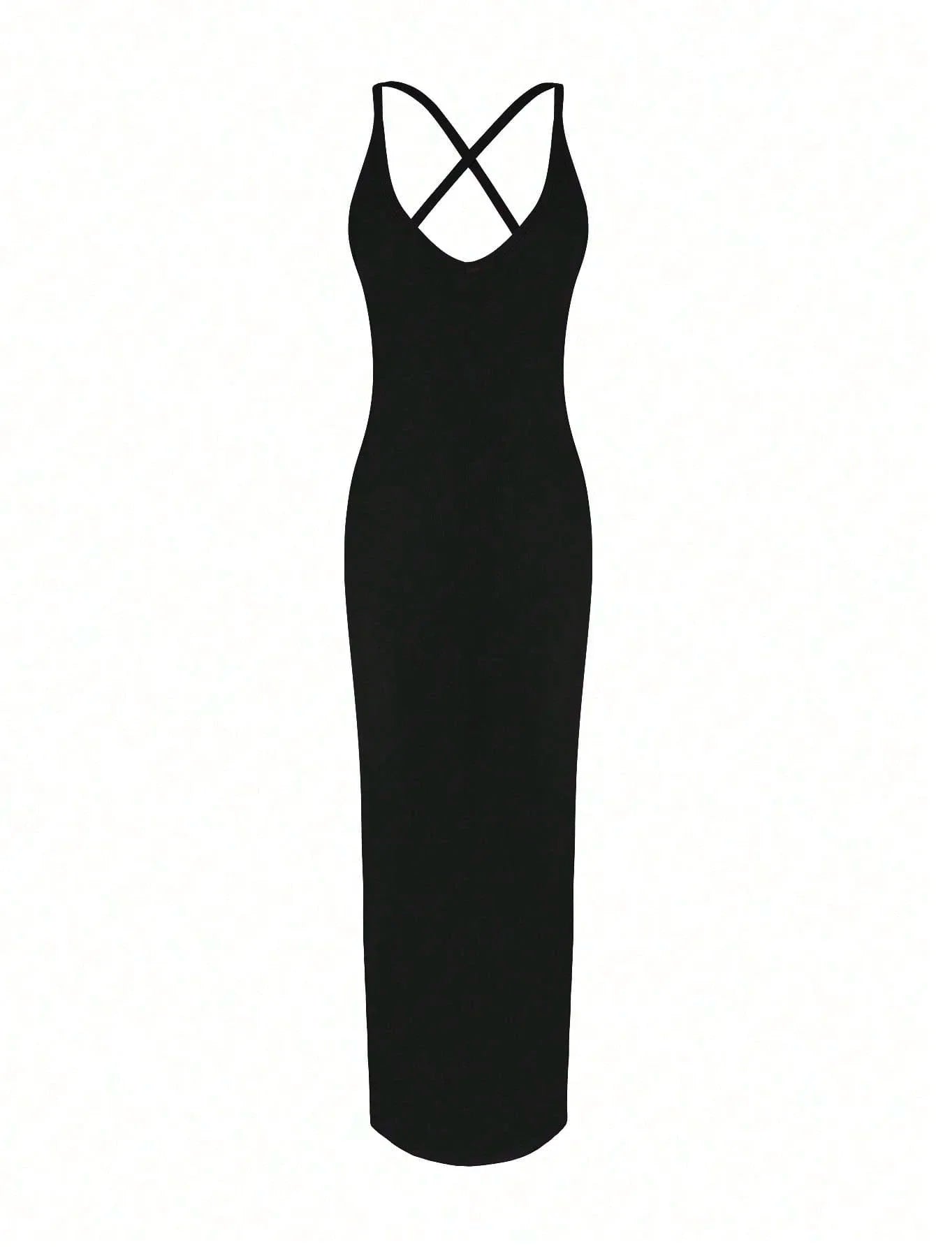 Ribbed Knit V-Neck Maxi Dress With Criss-Cross Back, Stretch Bodycon Fit For Evening Or Summer