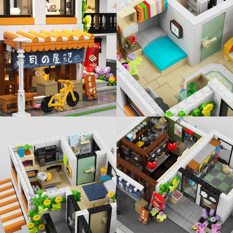 3911PCS Japanese Apartment Modular Building Blocks,with 5 Figures,Street View Model Bricks LED Light
