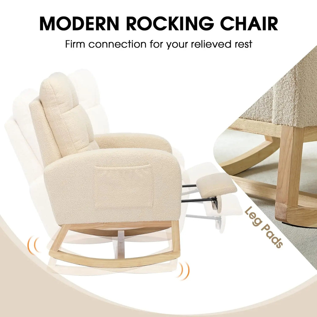 Modern Nursery Rocking Chair, Teddy Upholstered Rocking Chair with Footrest, Comfortable Rocker Recliner