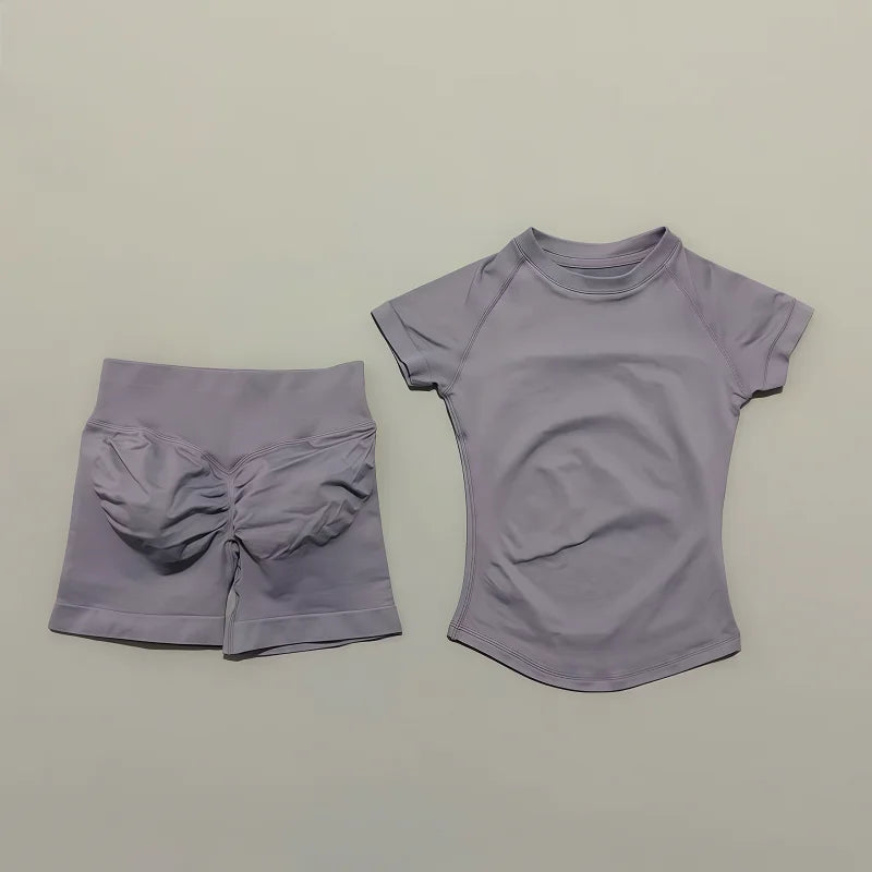 2 Pcs Impact Sports Sets Short Sleeve Seamless Yoga Top Fitness Set