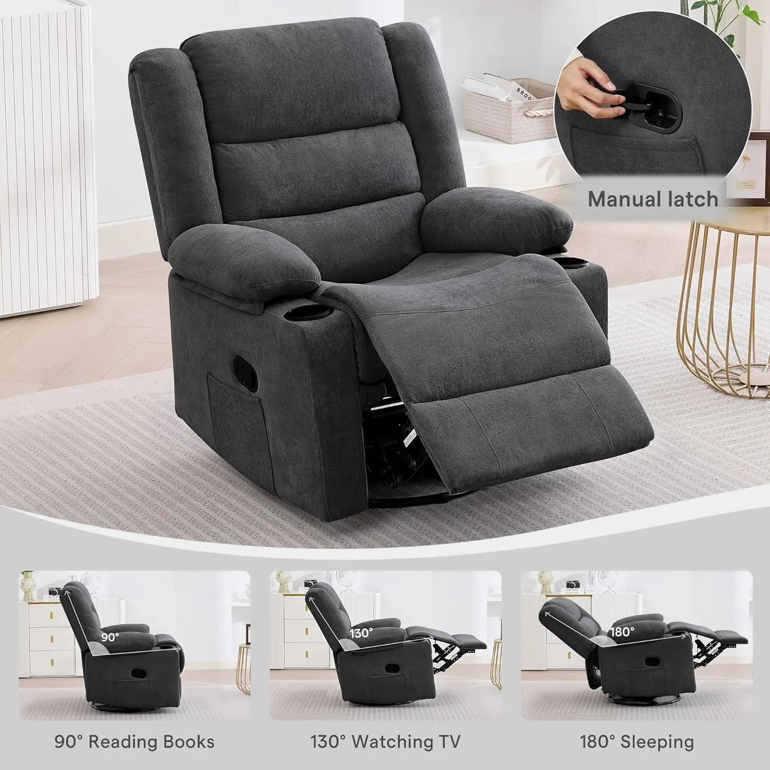 360°Swivel Rocking Recliner Chair with Side Pockets & Cup Holders for Living Room & Bedroom, Custom