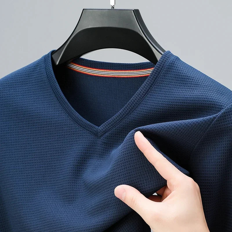 Men's New Waffle V Neck Short Sleeved T-shirt Summer Comfortable Top