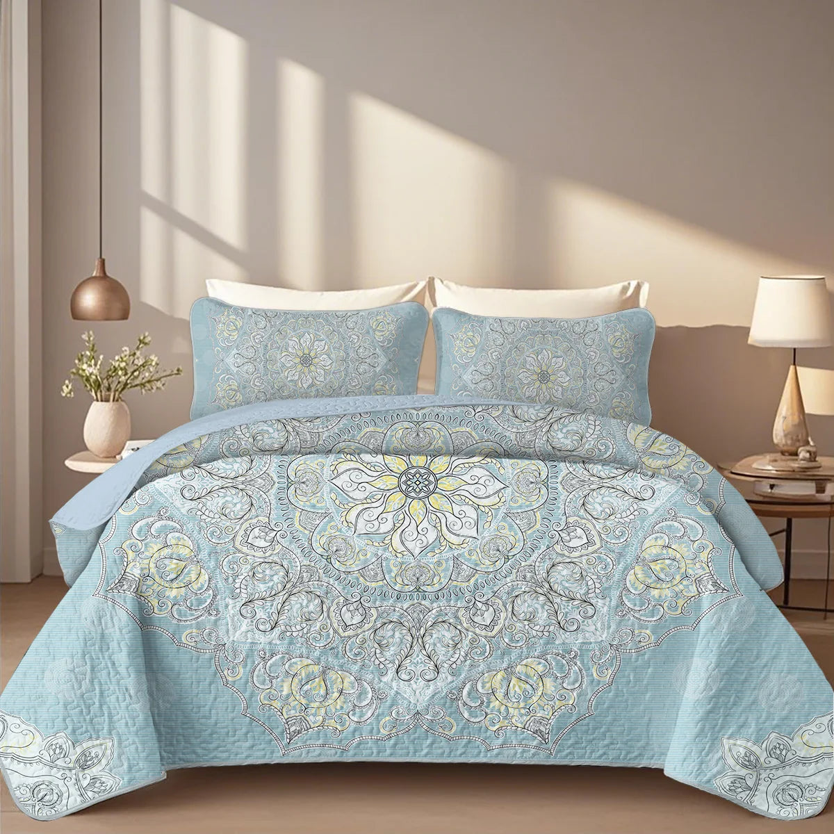 Boho Printed Quilt Set, Cal King, Durable, Breathable and Unique Summer Bedding Set, Including 1 Quilt, 1/2 Pillowcase